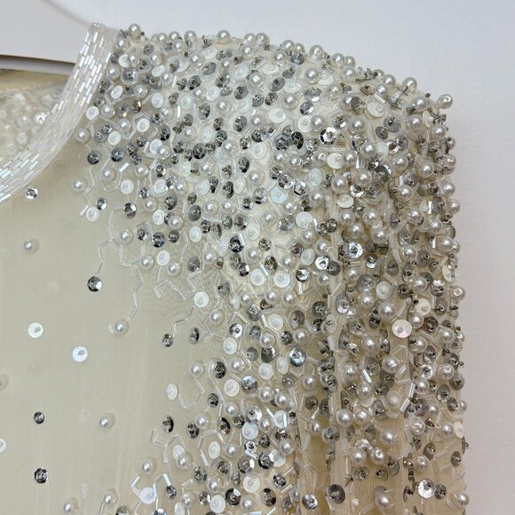 Women’s Vintage-Inspired Off-White/Cream Embellished Silk Dress W/Lettuce Hem - Picture 4 of 16